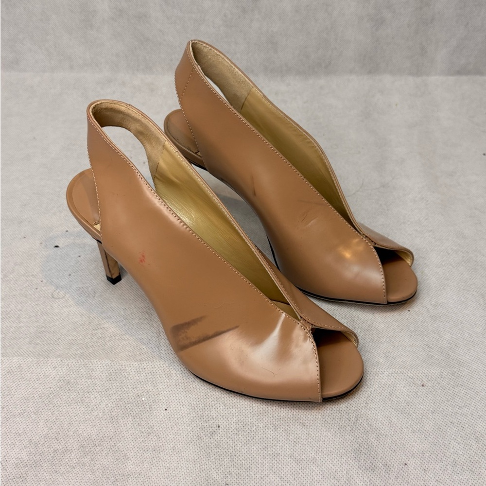 JIMMY CHOO Slingback Heels SZ 35 Nude Leather Peep Toe Stiletto